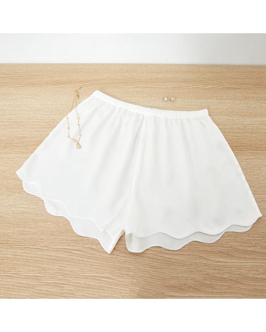 Soft Strokes Silk White Pure Silk Pearl Scallop Edged Shorts