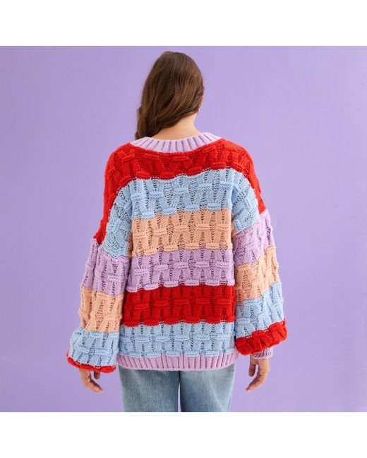 Cara & The Sky Red Mandy Criss-Cross Stitch Balloon Sleeve Stripe Jumper
