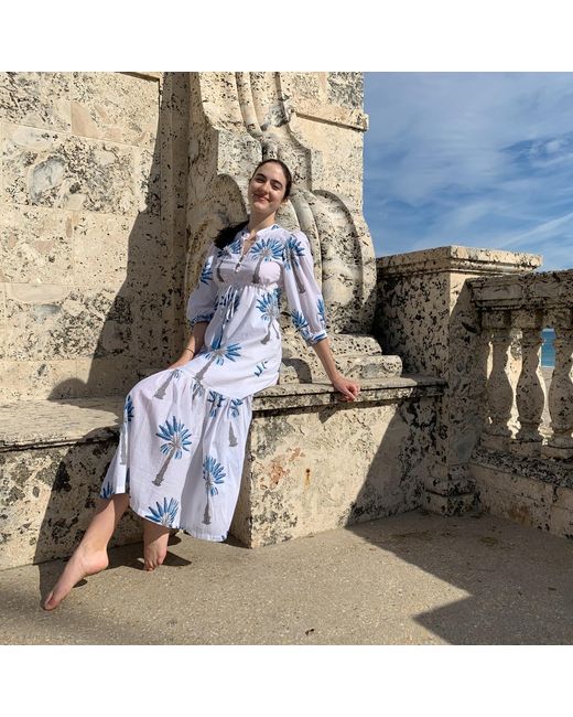 Pick Happy Blue Mermaid Maxi Dress Palm Tree Fully Lined Handblock Cotton