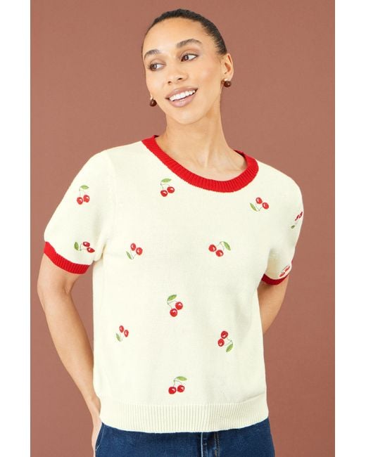 Yumi' Natural Ivory Cherry Cotton Knitted Top