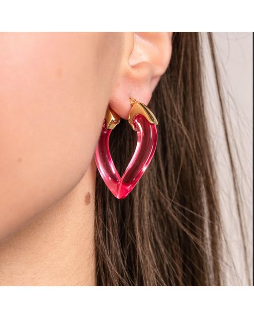 Gold & Honey Pink Tourmaline Curb Link Lucite Birthstone Hoop Earrings