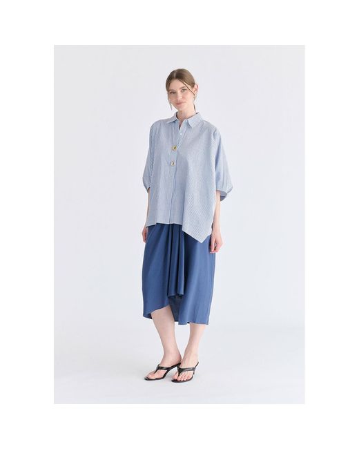 Paisie Blue Metallic Button Details Oversized Blouse