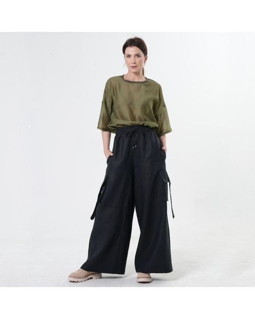 Metamorph Blue Linen Cargo Palazzo Trousers