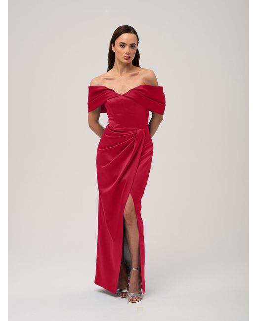 Tia Dorraine Red Heavenly Kissed Draped Satin Maxi Dress