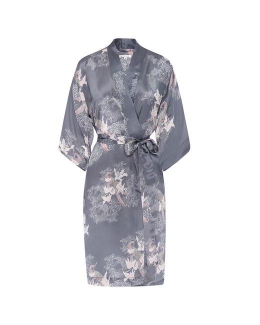 Genevie Blue Sweet Peas Silk Kimono Robe