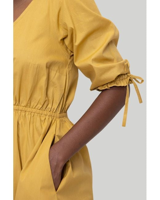 REISTOR Yellow Gathered Elbow Sleeve Short Cotton Dress