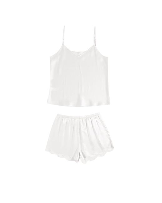 Soft Strokes Silk White Pure Mulberry Silk Pearl Camisole And Scalloped Shorts Set