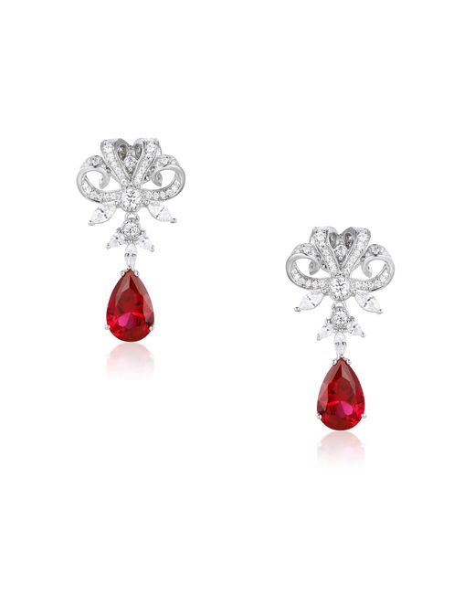 Santinni White Versailles Silver Drop Earrings With Red Crystal