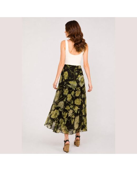 Conquista Green Floral Print Sheer Tiered Skirt – Semi-Maxi Length, Elastic Waist