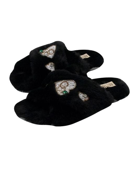 Rettrose Black Emmy Luxury Plush Diamanté Embellished Handmade Slipper
