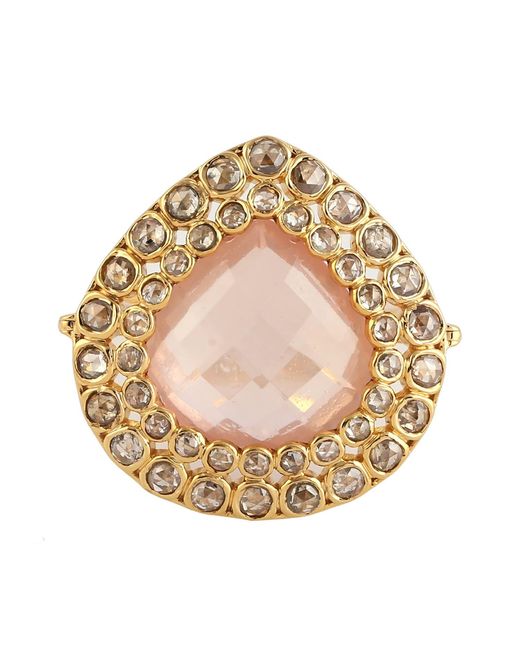 Artisan Metallic Natural Rose Quartz Diamond Cocktail Ring 18k Yellow Gold