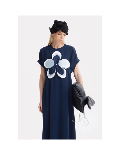Julia Allert Blue Silky Touch Midi Dark Dress With Handmade Floral Appliqué