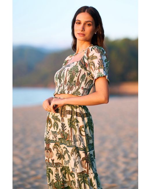 Yumi' Green Cotton Voile Safari Ruched Crop Top