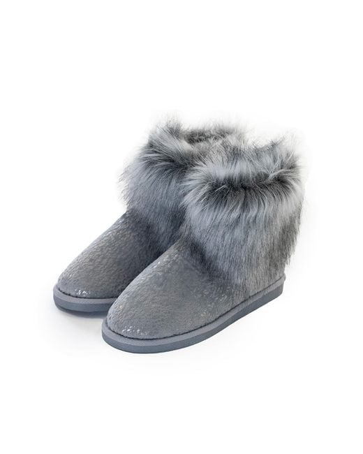 Pretty You London Gray Foil Detail Fur Lined Bootie Slipper Giselle