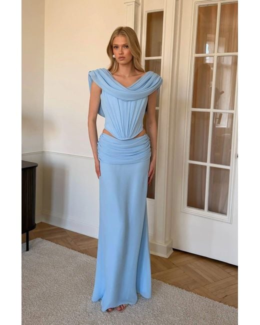 POST MERIDIEM Blue Draped Cowl-Neck Top With Front Panel Draping