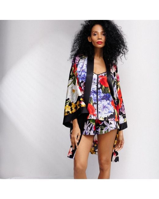 Vimissia Blue Wild Bloom Short Silk Kimono Stile Robe