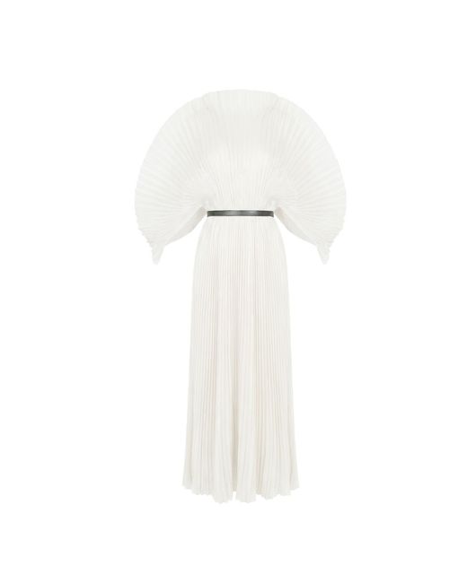 Cy Boutique White Pleated Long Dress With Organza Pleated Cape Sleeves