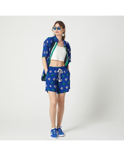 Lalipop Design Blue Abstract Print Viscose Short Sleeves Shirt & Crop Top Set