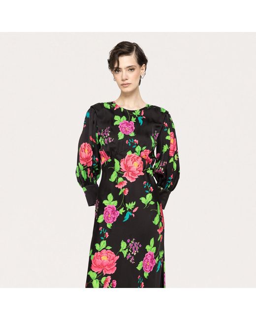Nissa Green Puff-Sleeves Viscose Midi Dress