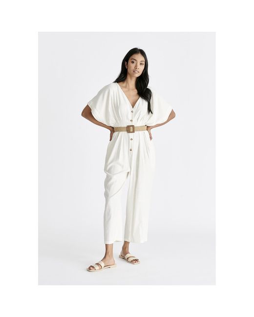 Paisie White Linen Blend Button Jumpsuit