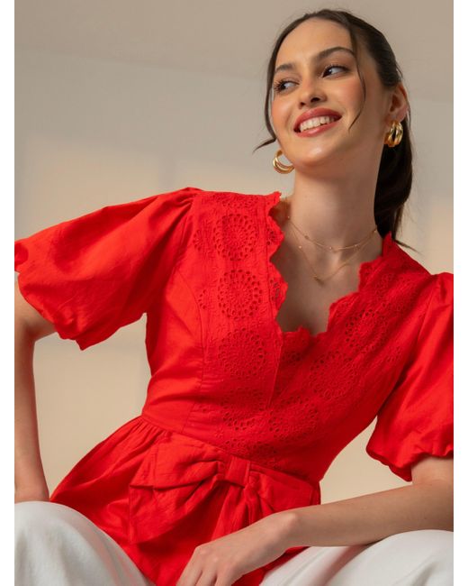 Rose & Nancy Red Haillie Coral Lace Trim Bow Blouse