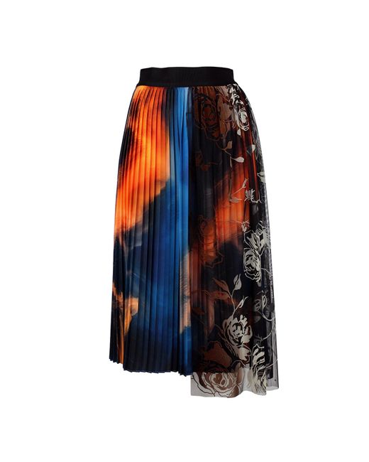 Lalipop Design Blue Pleated Midi Skirt With Asymmetric Floral Flock Tulle Overlay