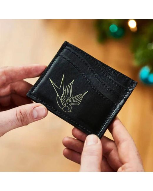VIDA VIDA Blue Swallow Tattoo Leather Card Holder for men