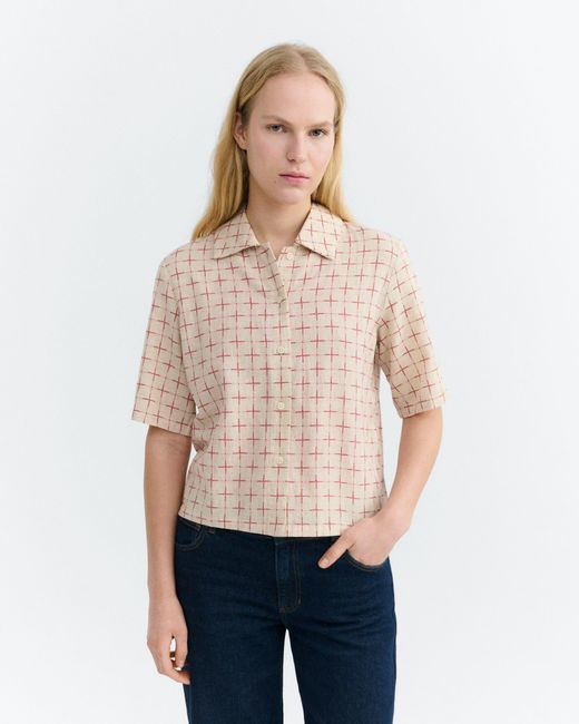 Thinking Mu Natural Printed Lattice Checkered Blouse Ane