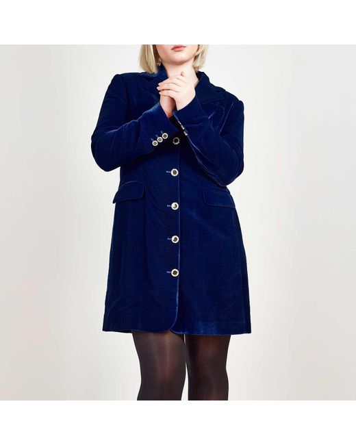 Femponiq Blue Silky Velvet Tailored Blazer Dress