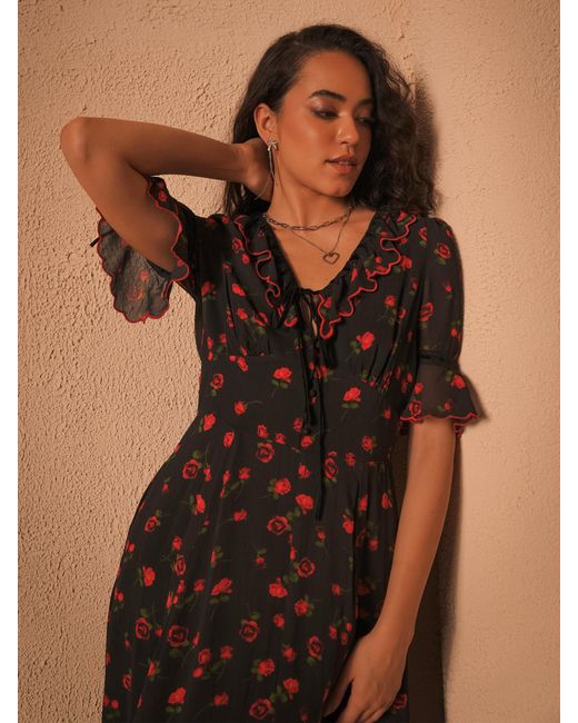Rose & Nancy Red Toni Rose Print Velvet Tie Maxi Dress
