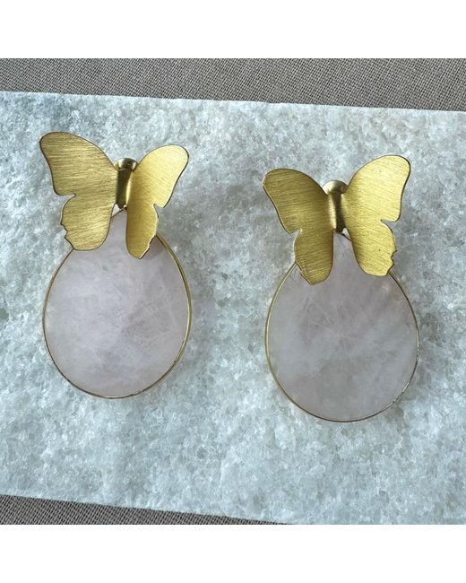 Rare Matters Jewelry Brown Spring Butterfly Rose Quartz Statement Earrings