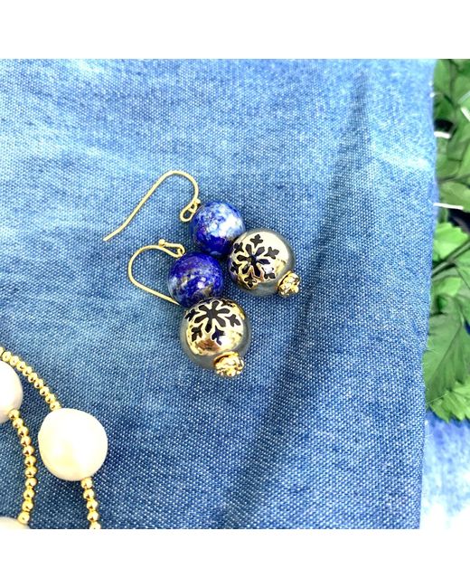 Farra Blue Christmas Style Round Lapis Snowflake Dangle Earrings