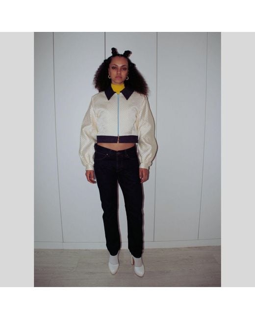 Couture to Your Door Blue Neutrals Ivory Waffle Upcycled Bomber Jacket