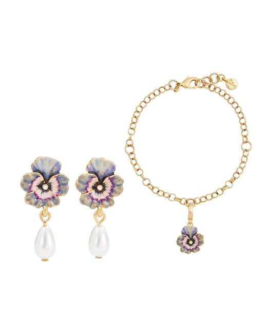 Fable England Metallic Pansy Pearl Earrings & Pansy & Pearl Collector Charm Bracelet Set