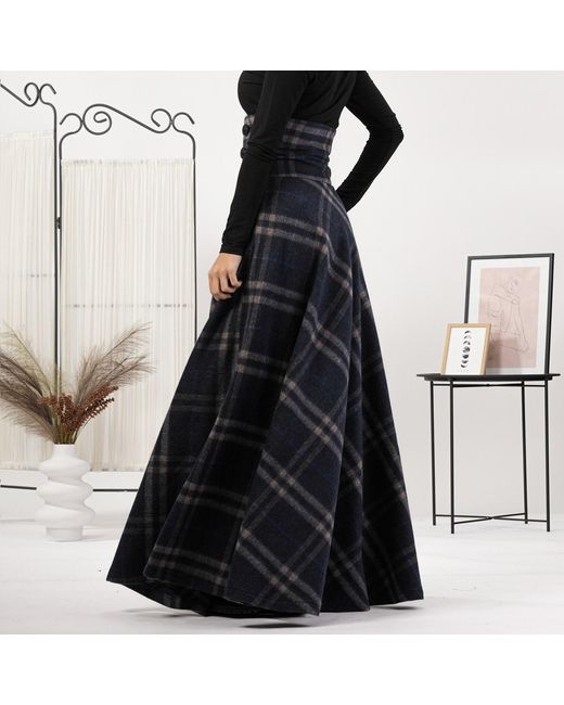 Nikka Place Blue Wool Tartan Floor Length Skirt With Ultra High Waist