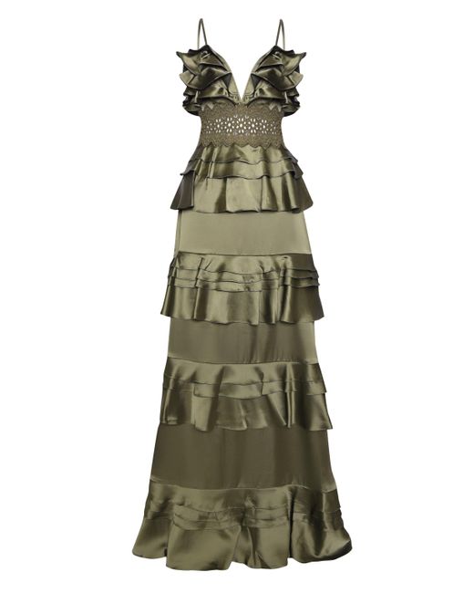 True Decadence Olive Green Satin Tiered Ruffle Maxi Dress