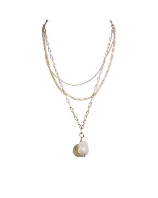FV Jewellery Metallic Steel Me Triple Chain & Pearl Necklace