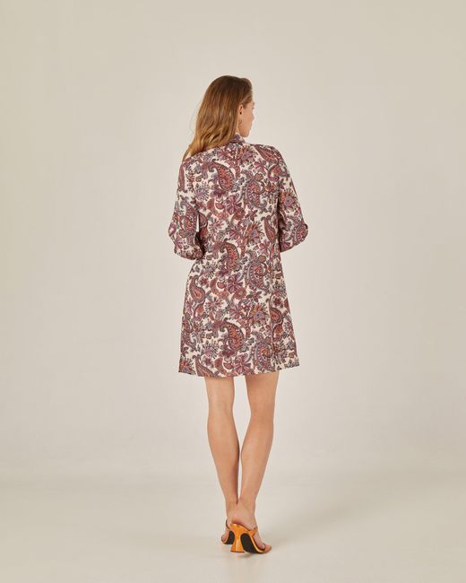 Niza Multicolor Neutrals Short Dress With Lapel Collar And Embroidery