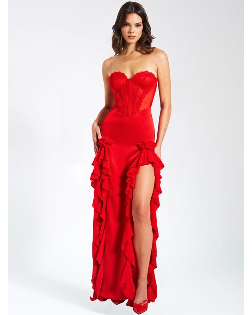 Miss Circle New York Red Talia Satin Lace Corset Maxi Dress