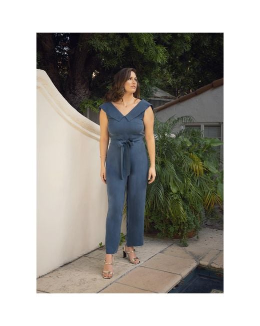 Femponiq Blue Off Shoulder Belted Vegan Jumpsuit