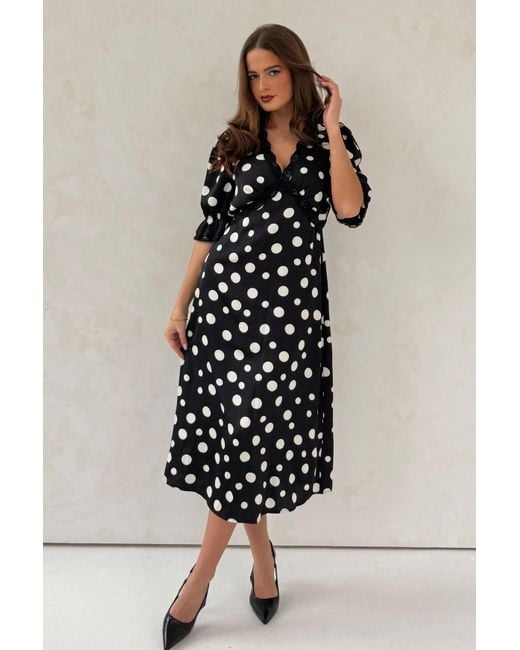 Girl In Mind Black Sharon V-Neck Puff Sleeve Polka Midi Dress