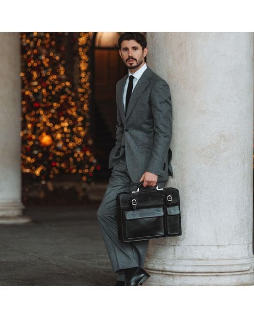 Time Resistance Black Leather Large Satchel Bag Briefcase for men