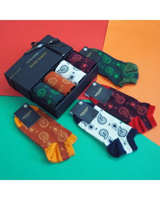 Peper Harow - Made in England Black Paisley Trainer Socks Gift Box for men