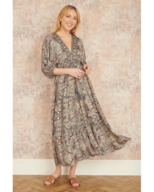Yumi' Gray Multicolour Paisley Print Midi Kimono Dress With Tie Back