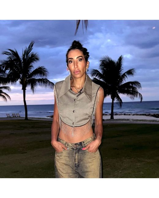 L2R THE LABEL Green Reversible Metallic Fringe Vest