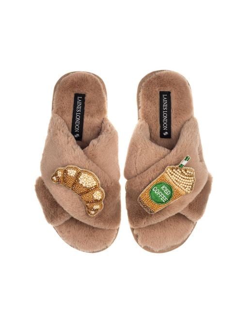 Laines London Brown Classic Laines Slippers With Iced Coffee & Croissant Brooches