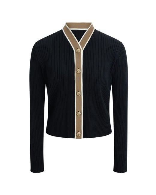 Roch Perel Blue Neutrals Contrast Back Ribbed Knit Cardigan