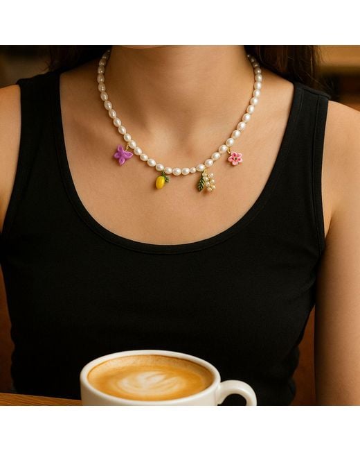My Little Nature White Flower Charms Beaded Necklace With Freshwater Natural Pearls