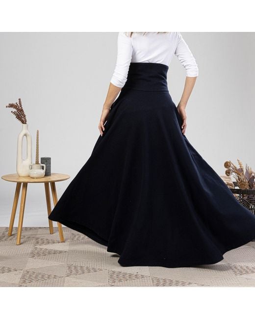 Nikka Place Blue Empire Waist Maxi Wool Skirt With Double Row Buttons