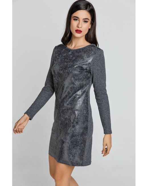 Conquista Gray Dark Dress With Faux Leather Front